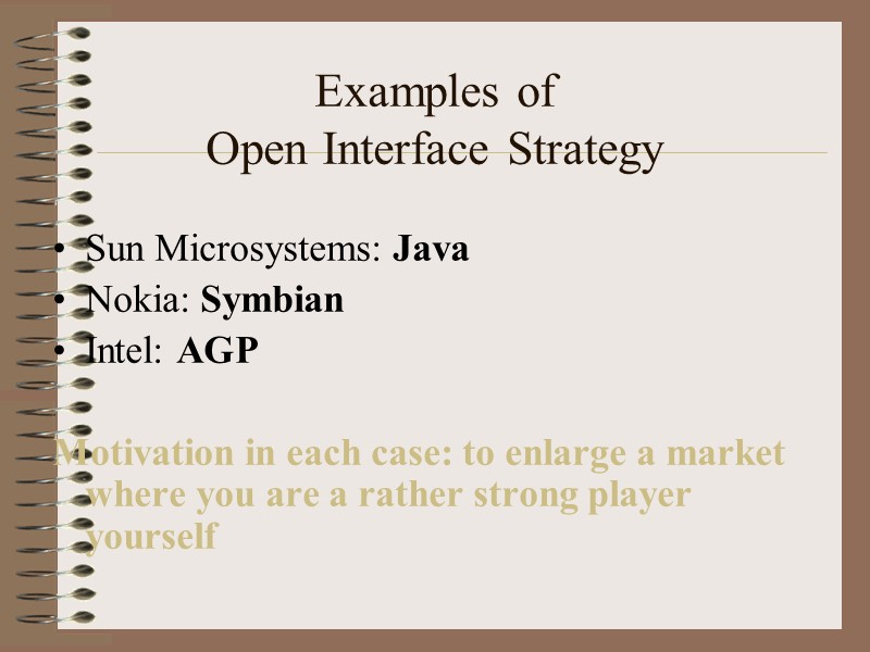 Examples of  Open Interface Strategy Sun Microsystems: Java Nokia: Symbian Intel: AGP 